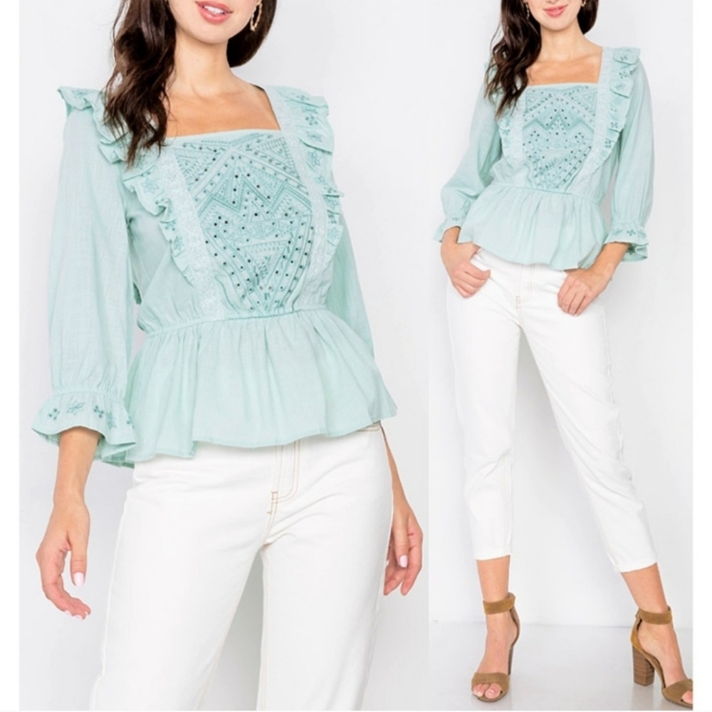 Mint Eyelet embroidered ruffle peplum top - Picture 2 of 6